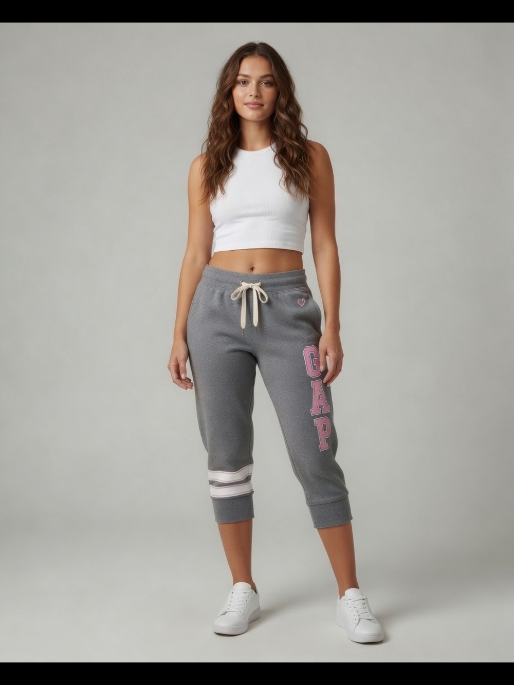 GAP Grey Logo Joggers S Cropped Asymmetrical Varsity Stripes Y2K Aesthetic